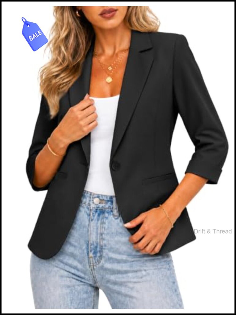 Lightweight Polyester Blazer 3/4 Sleeve Button Front Lapel Collar